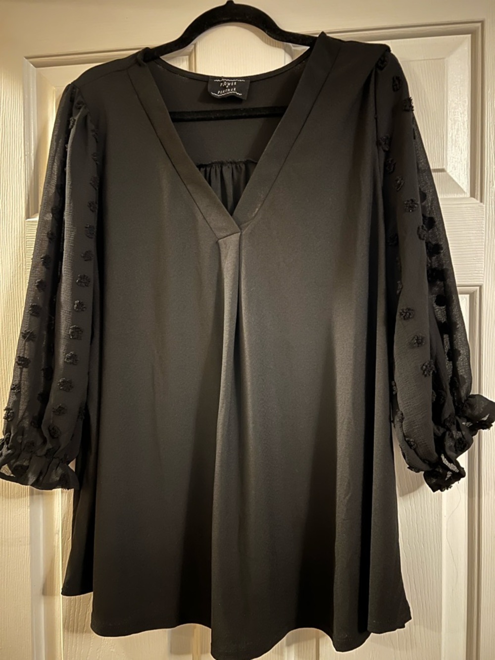 Black Women's V-Neck Blouse with Textured Sheer Sleeves